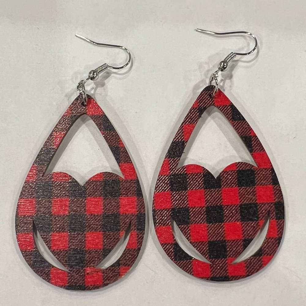 Earrings Valentines Day wooden plaidβ heart dangle lightweight colorful new
